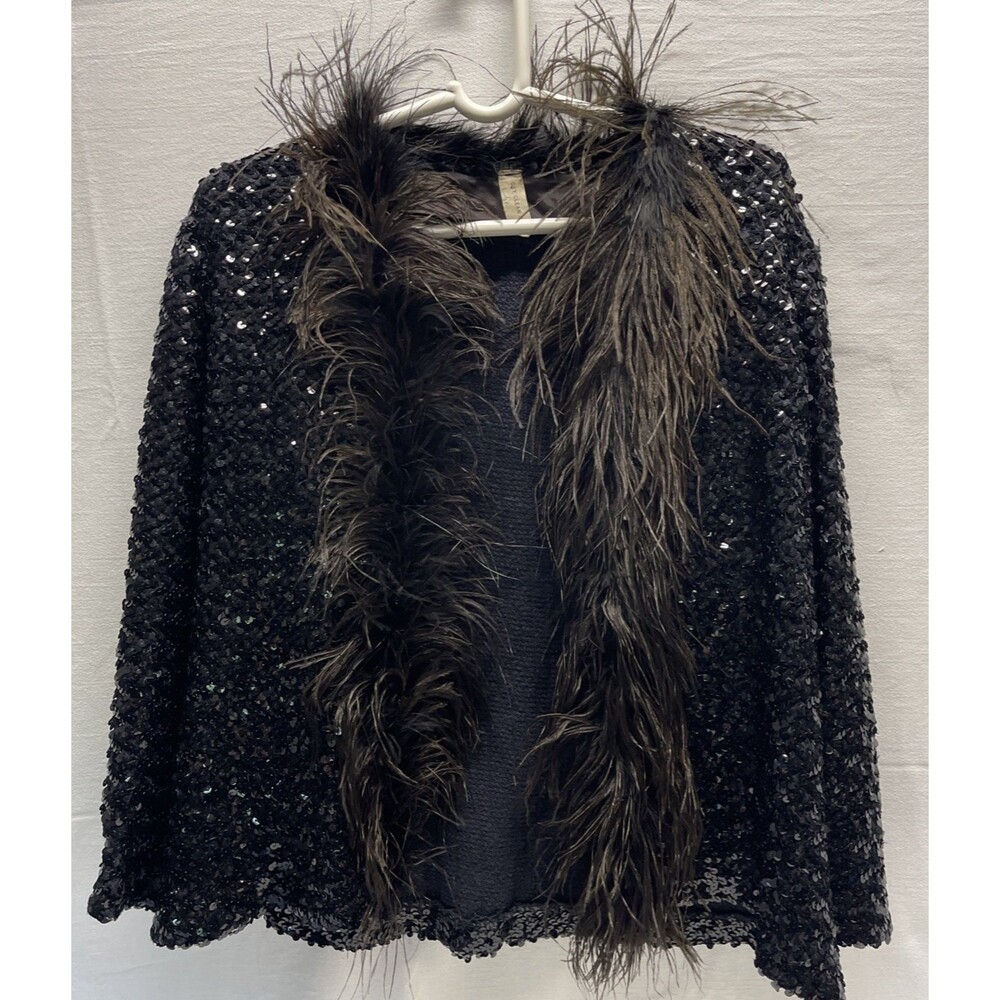 Vintage Black Ostrich Feather Sequin Long Sleeve Cardigan Jacket Size M/L EUC
